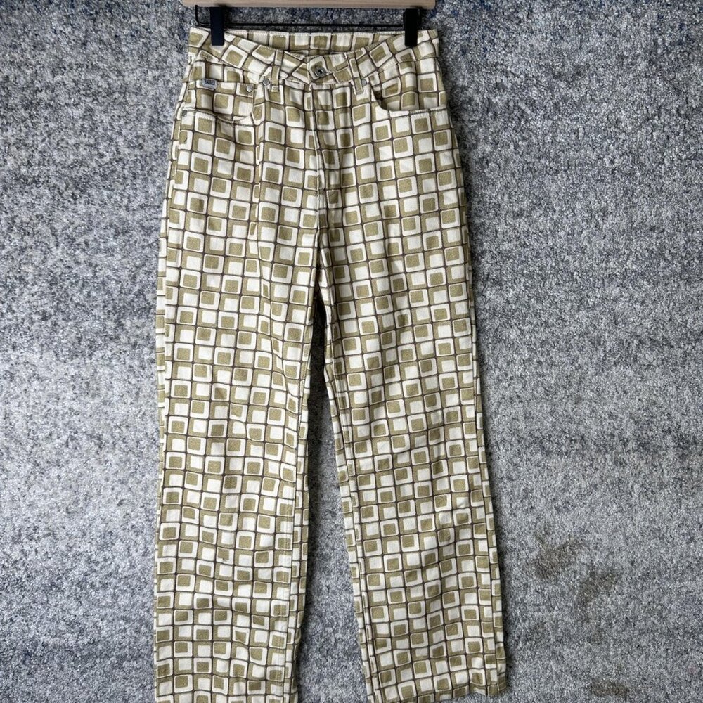 Ragged Jeans Womens 26 Green Beige Geometric Square Print‎ Straight Leg